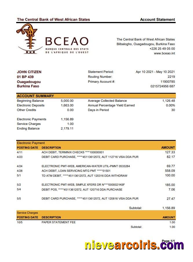 Burkina Faso The Central Bank of West African States bank statement easy to fill in Excel and PDF format